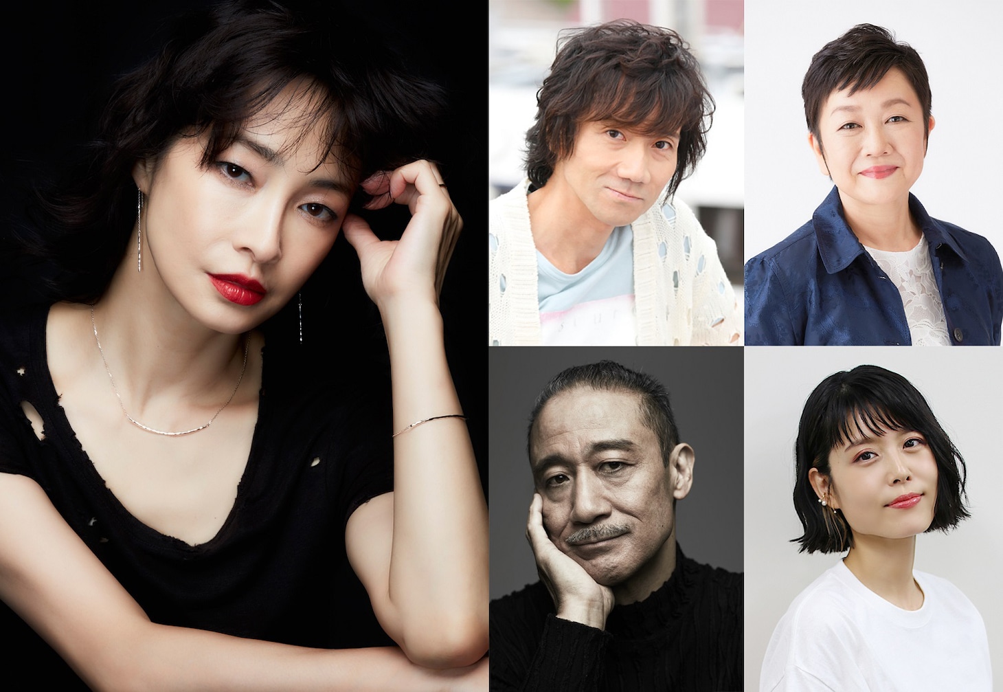りょう（左）、三木眞一郎（中央上段）、磯辺万沙子（右上段）、銀河万丈（中央下段）、沢城みゆき（右下段）。