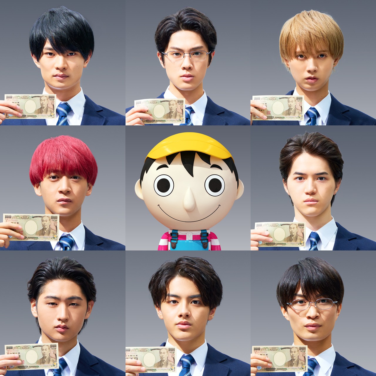 上段左から浮所飛貴、佐藤龍我、井上瑞稀。中段左から藤井直樹、案内人のマナブくん、岩崎大昇。下段左から猪狩蒼弥、金指一世、那須雄登。