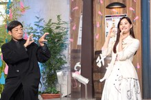 「六本木クラス」の「6c」マークを手で作る香川照之（左）、新木優子（右）。