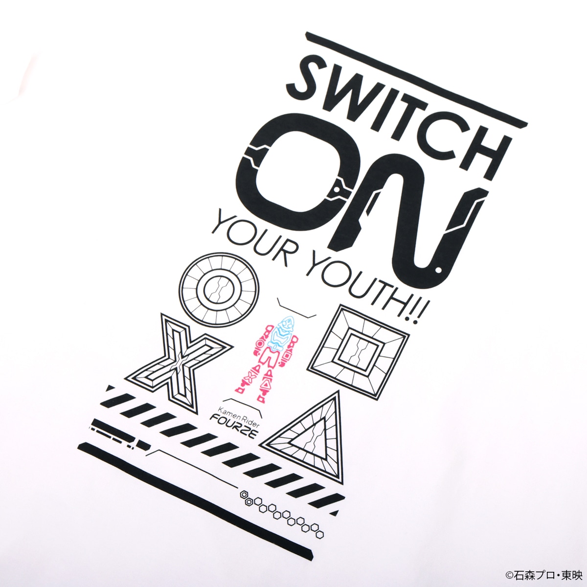 「仮面ライダーフォーゼ SWITCH ON YOUR YOUTH!! Tシャツ」のプリント。