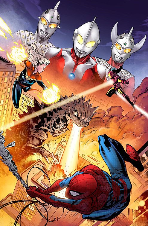 マーベルヒーローたちがウルトラ怪獣との戦いに挑む姿が描かれたコンセプトアート。