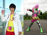 飯島寛騎演じる宝生永夢（左）と仮面ライダーエグゼイド（右）。