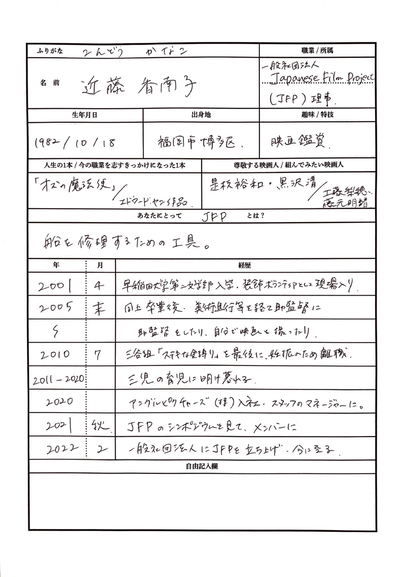 近藤香南子の履歴書。