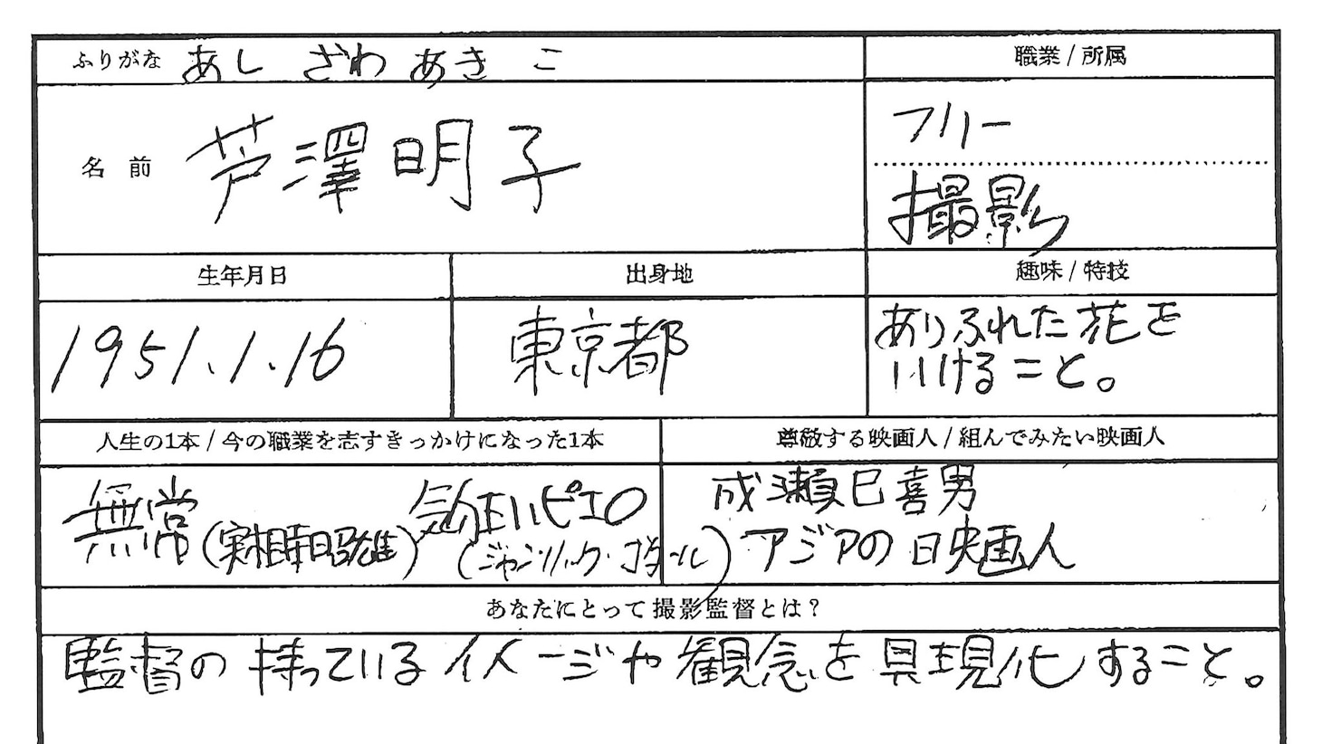芦澤明子の履歴書の一部。