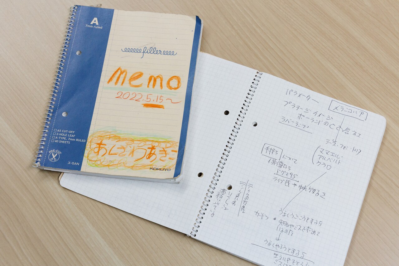 芦澤が愛用するメモ用のノート。開いているのは「復讐は私にまかせて」撮影期間に使われていたもの。