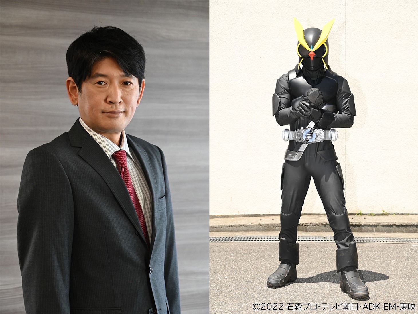 左から長谷川朝晴演じる平孝人、仮面ライダーギンペン。