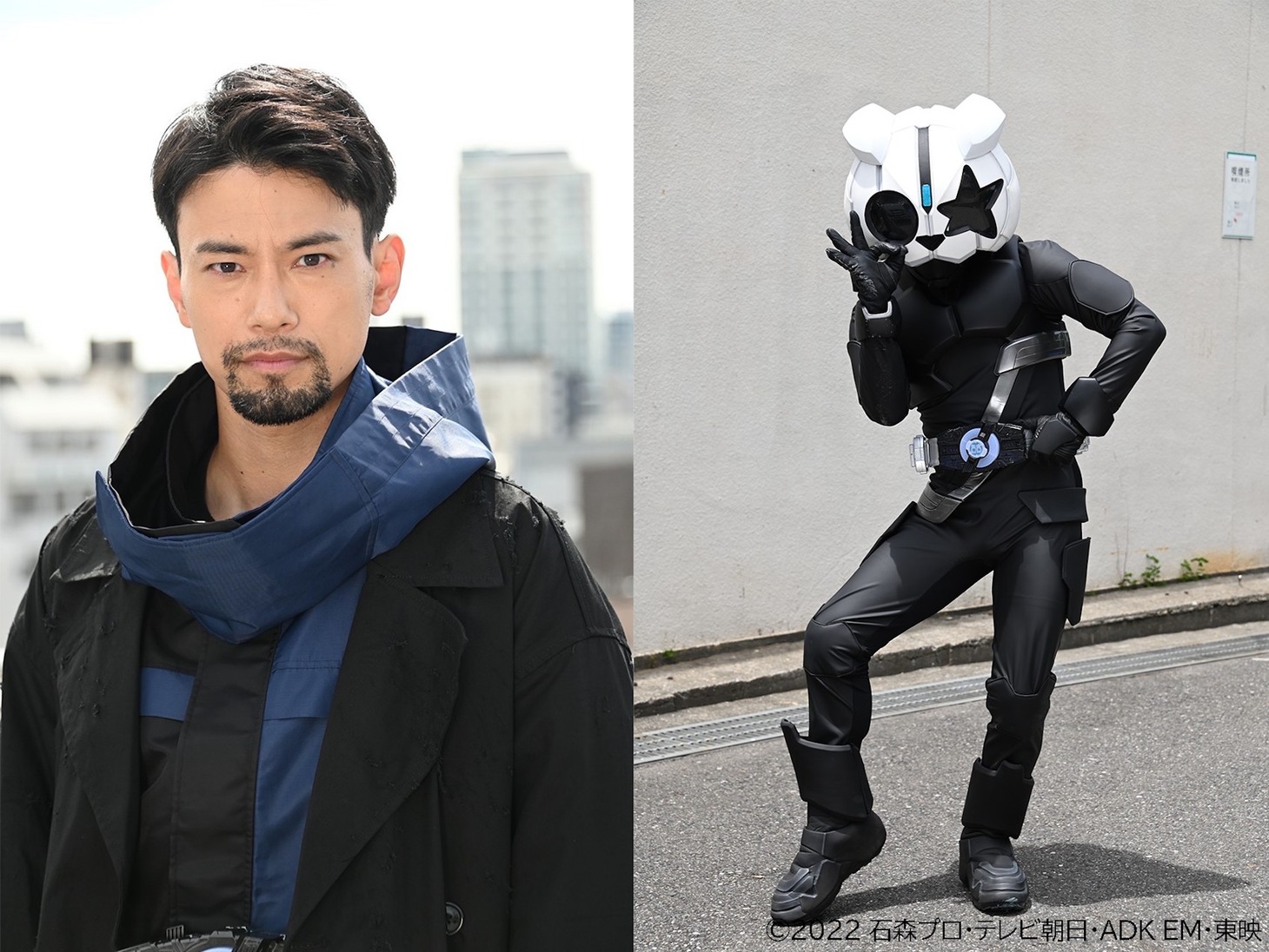 左から金城大和演じる豪徳寺武、仮面ライダーシロー。