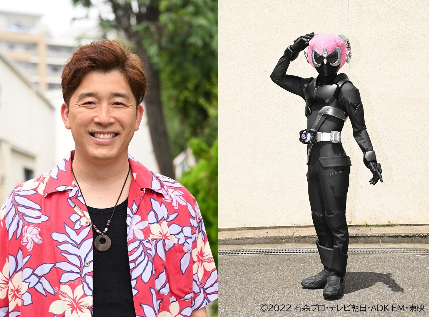 左からあべこうじ演じる小金屋森魚、仮面ライダーメリー。