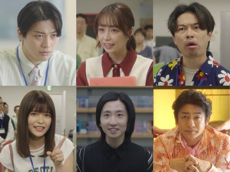 上段左から東啓介、宇垣美里、浜野謙太。下段左から景井ひな、若林佑真、片岡愛之助。