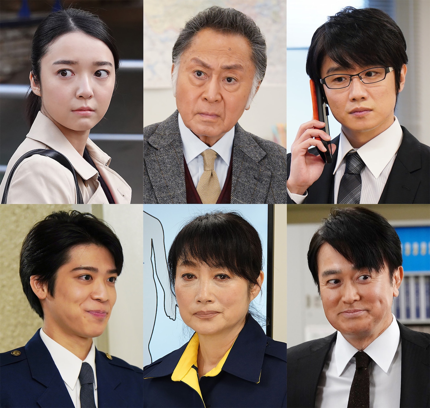 上段左から上白石萌音、北大路欣也、風間俊介。下段左から松島聡、余貴美子、石黒賢。