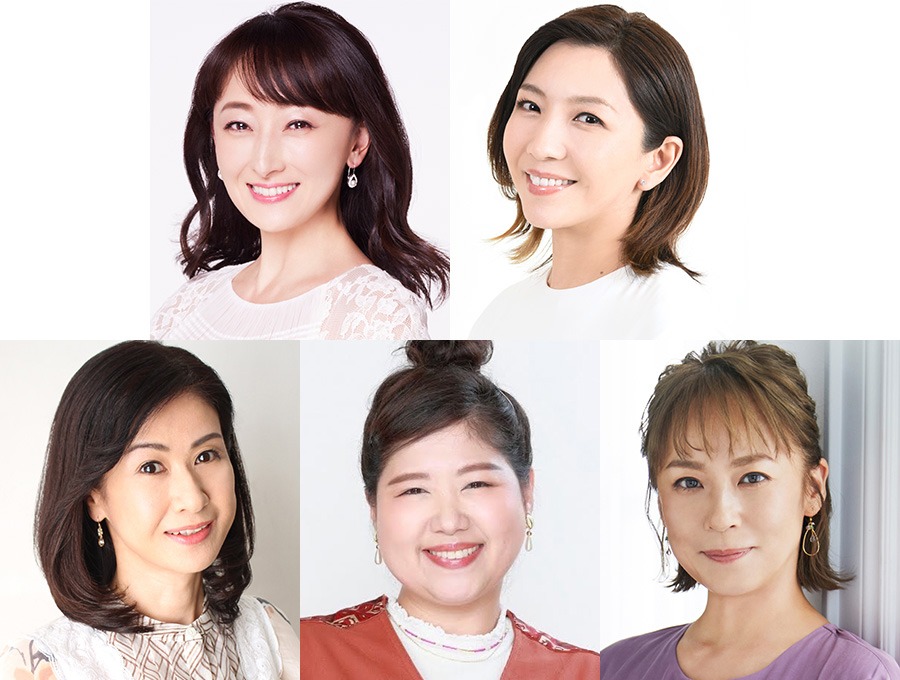 上段左から花總まり、瀬奈じゅん。下段左から小林綾子、馬場園梓、佐藤仁美。