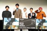 「モアザンワーズ／More Than Words」配信記念舞台挨拶の様子。左から橋爪駿輝、中川大輔、藤野涼子、青木柚、兼近大樹。