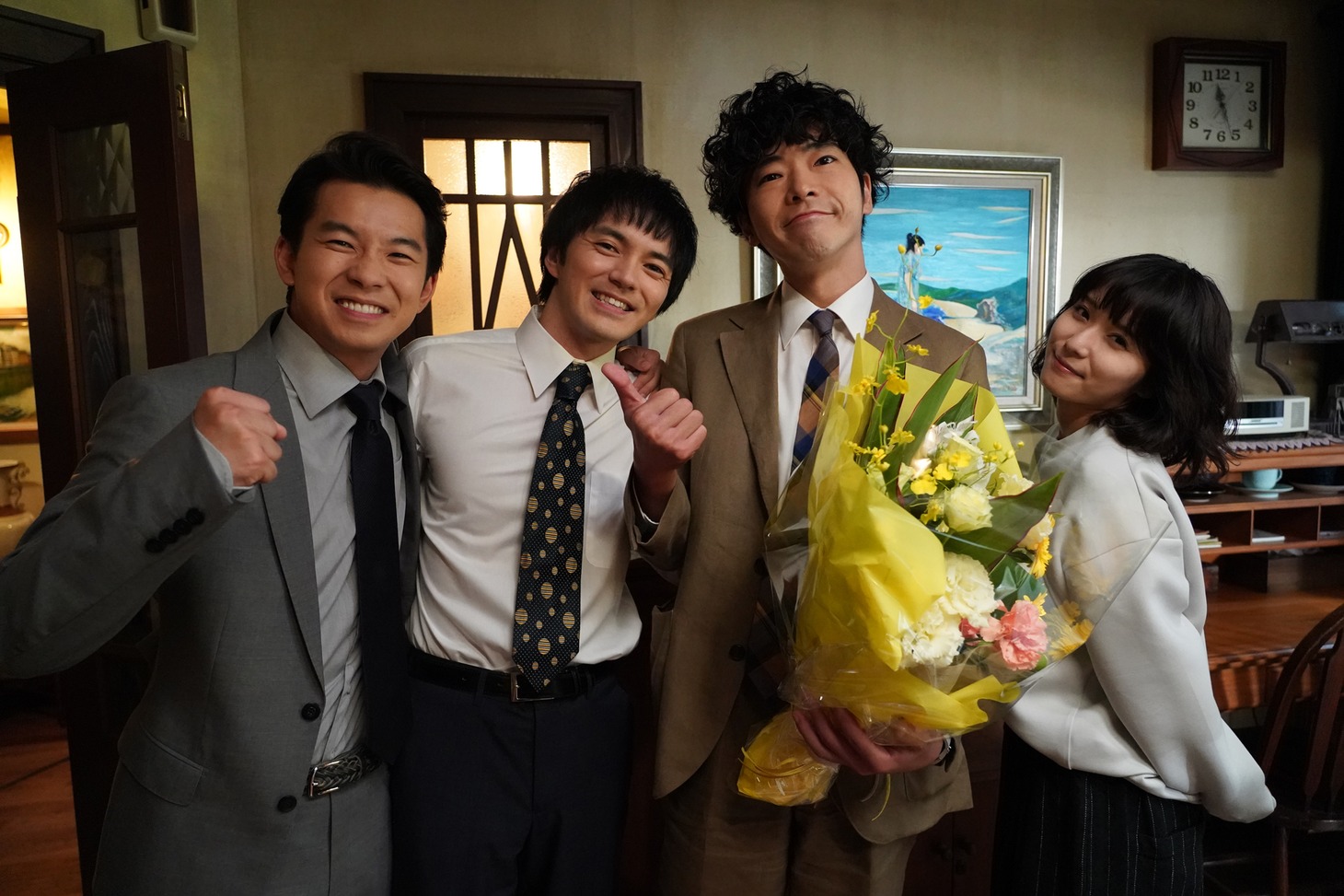 左から仲野太賀、林遣都、柄本佑、松岡茉優。