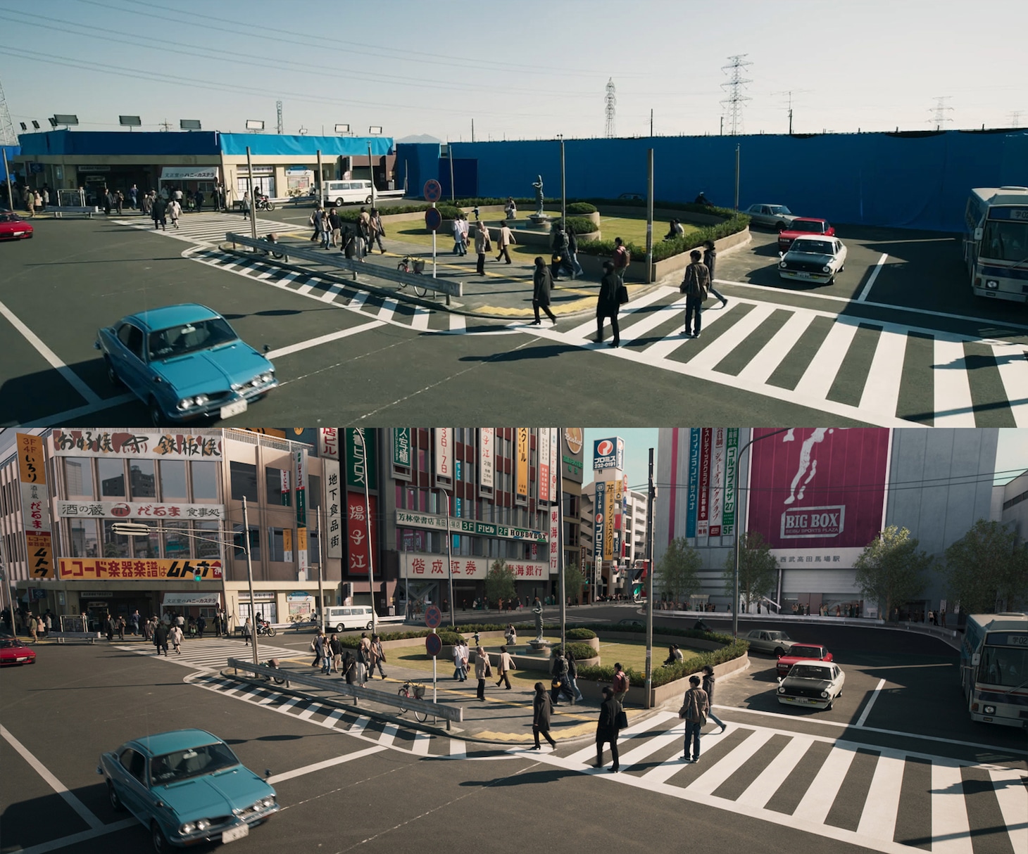 「月の満ち欠け」より、1980年代の東京・高田馬場駅前を再現したセットの様子（上）。下は合成処理後。