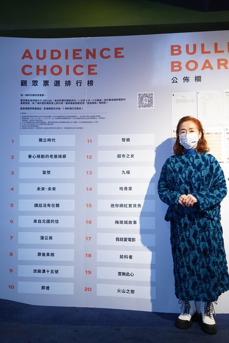 観客賞のランキングの横に立つ宮本信子。11月11日時点では2位に「メタモルフォーゼの縁側」、7位に「タンポポ」、10位に「お葬式」、12位に「スーパーの女」がランクインした。