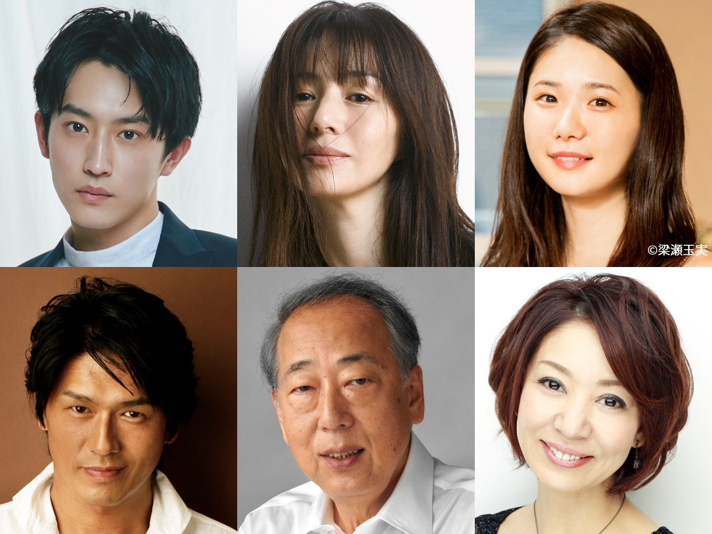 上段左から杉野遥亮、井川遥、小野花梨。下段左から高橋克典、岸部一徳、片平なぎさ。