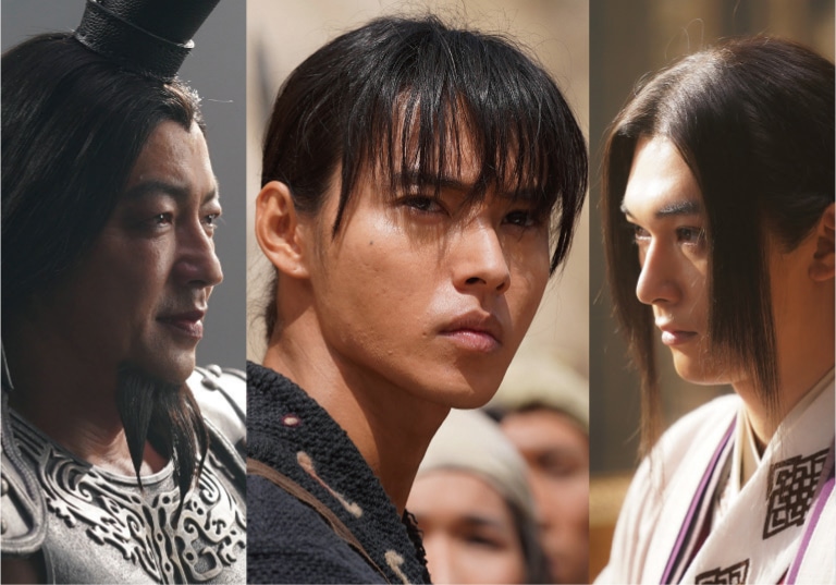 左から大沢たかお演じる王騎、山崎賢人演じる信、吉沢亮演じる嬴政。