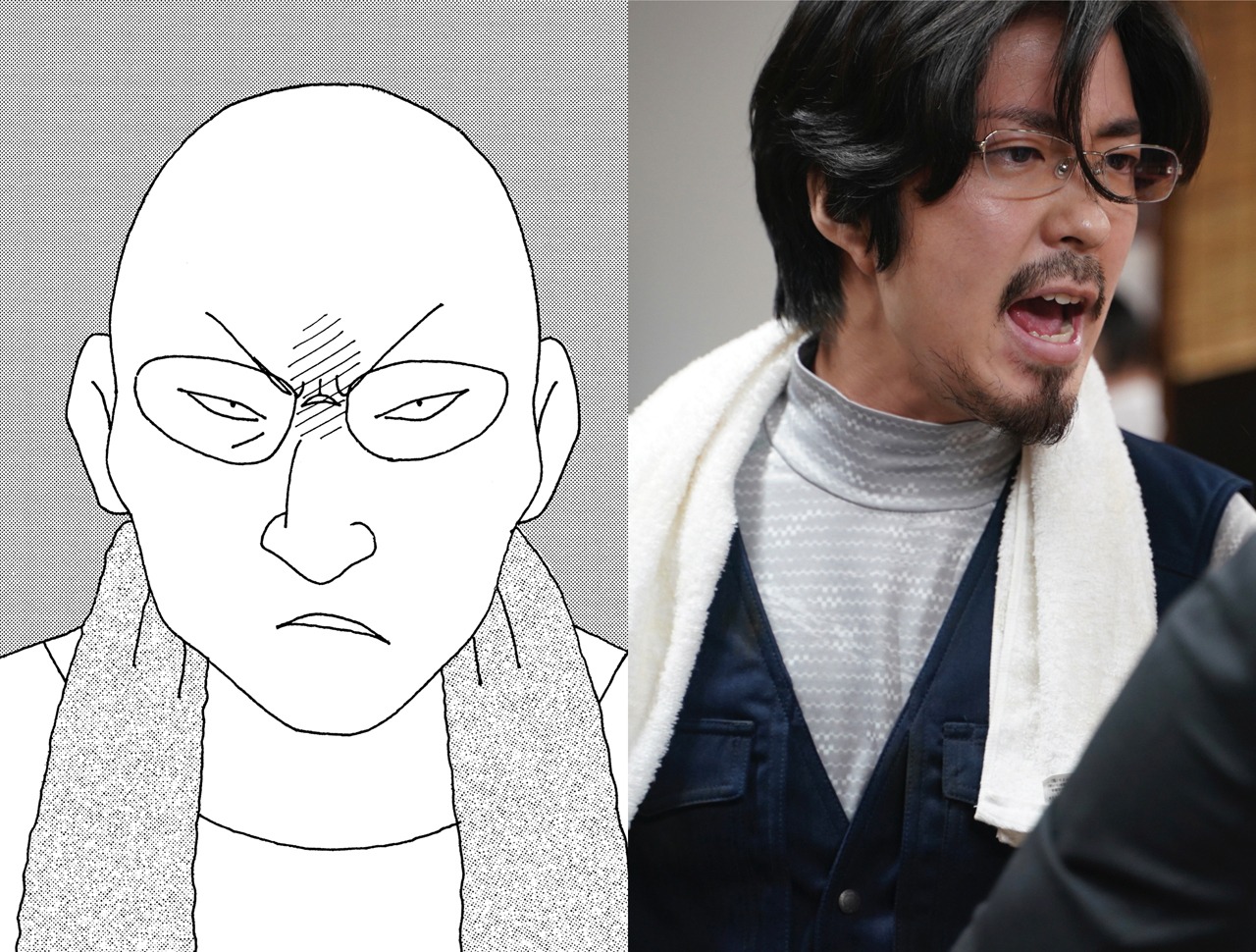 「ちひろさん」原作イラスト（左）と場面写真（右）。