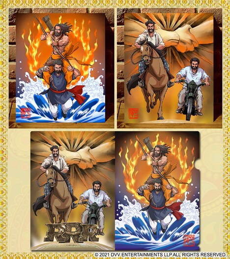 「RRR x 辻野芳輝」キャンバスアート（上）とクリアファイル（下）。