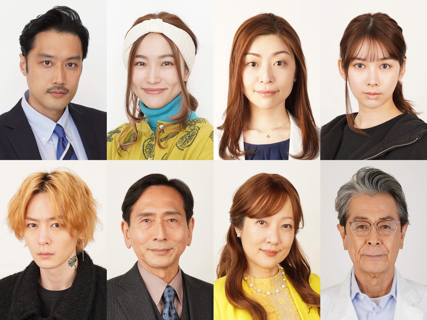 上段左から内田朝陽、安藤聖、内田慈、結城モエ。下段左から犬飼貴丈、矢島健一、七瀬なつみ、長谷川初範。
