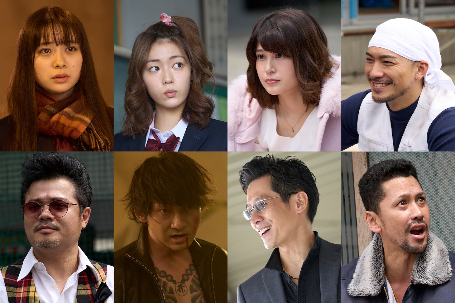 「ドロップ」キャスト。上段左から時計回りに田鍋梨々花、中村里帆、佐津川愛美、SWAY、深水元基、三浦誠己、波岡一喜、佐田正樹。