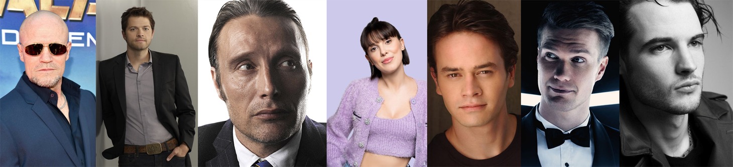 左からマイケル・ルーカー、ミーシャ・コリンズ、マッツ・ミケルセン、ミリー・ボビー・ブラウン、ダニエル・ローガン、ヨーナス・スオタモ、トム・スターリッジ。