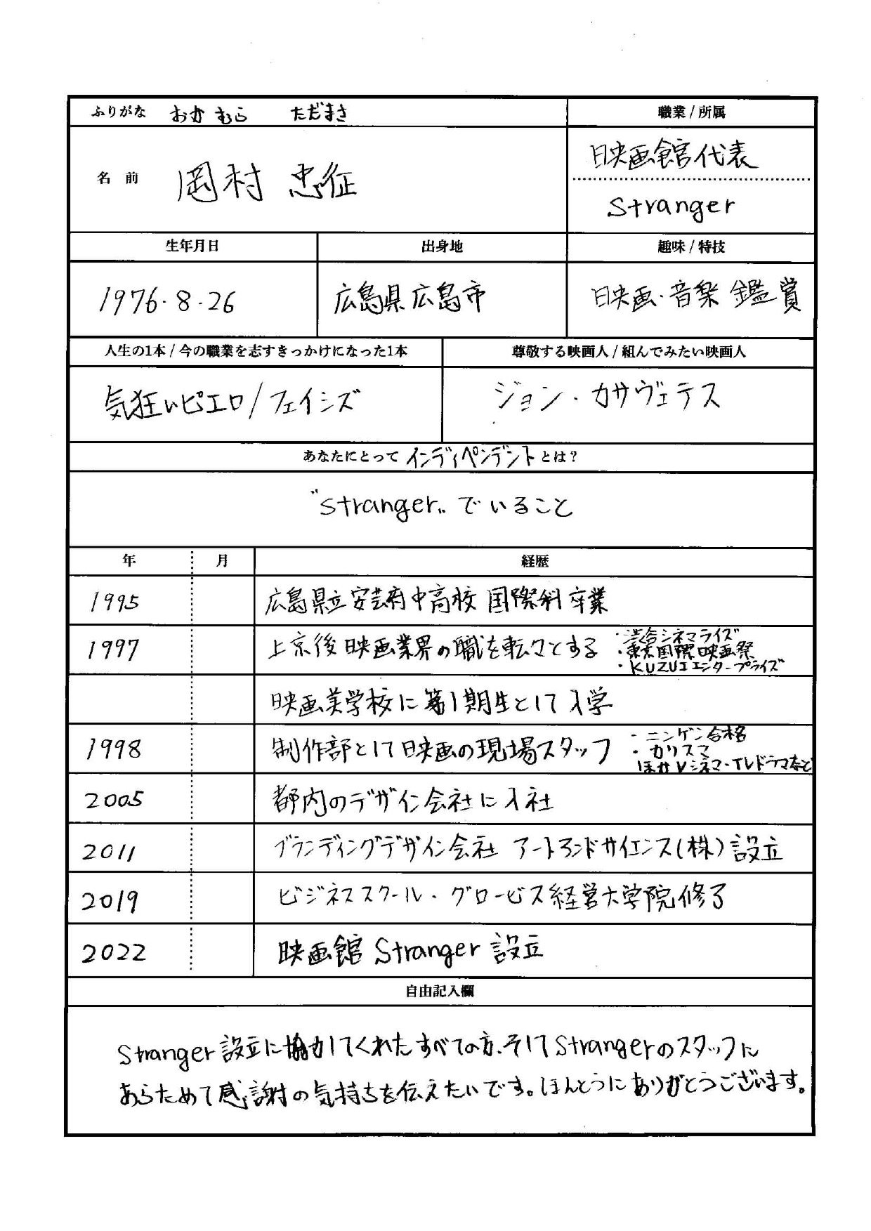 岡村忠征の履歴書。