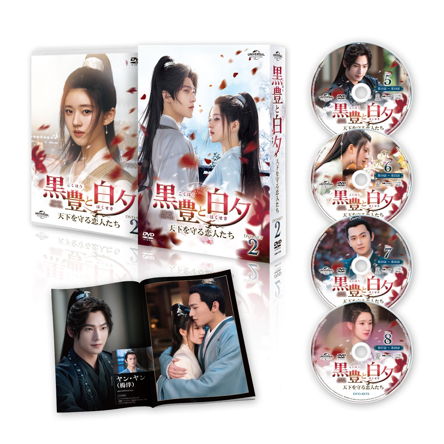 「黒豊と白夕～天下を守る恋人たち～」DVD-SET2のパッケージ写真、リーフレット、ディスクのイメージ。
