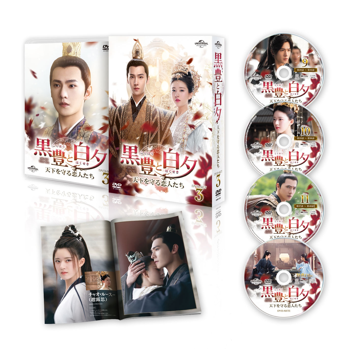「黒豊と白夕～天下を守る恋人たち～」DVD-SET3のパッケージ写真、リーフレット、ディスクのイメージ。