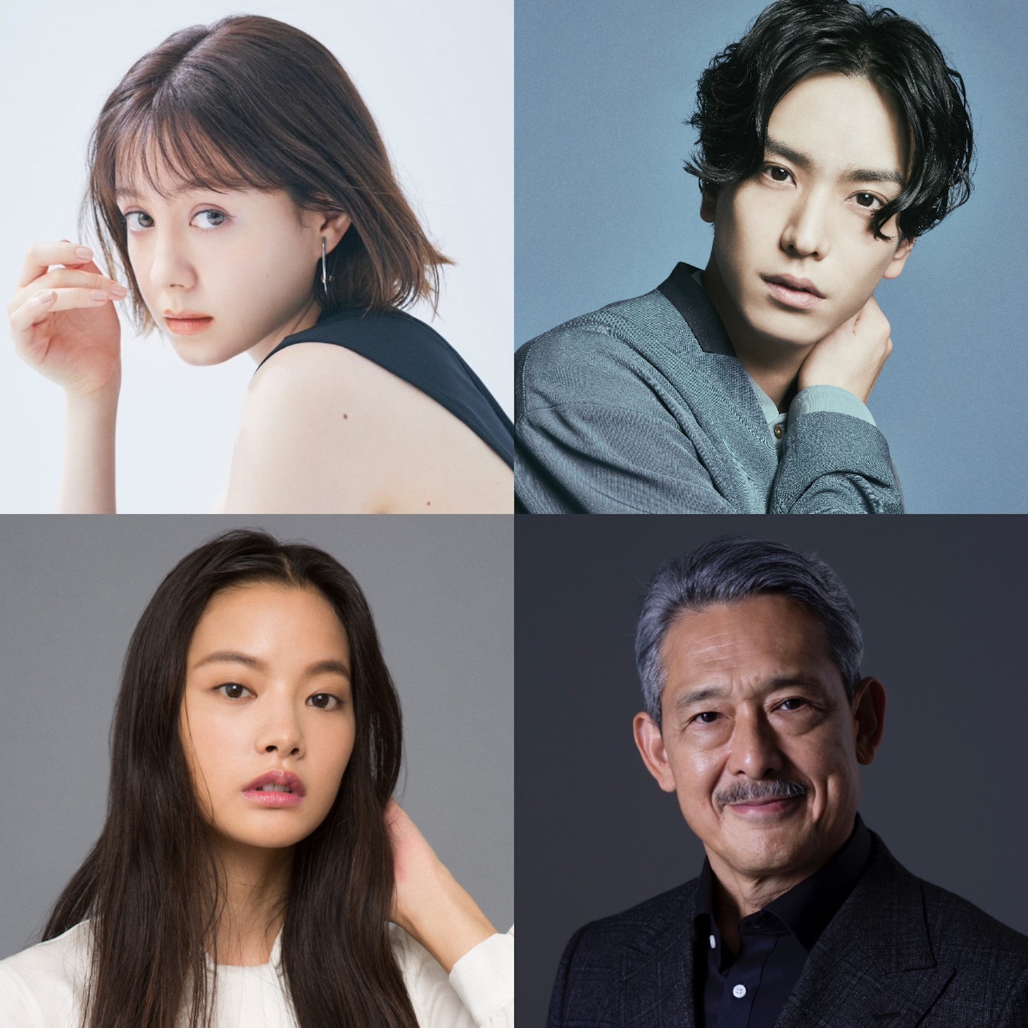 左上から時計回りにトリンドル玲奈、黒羽麻璃央、鶴見辰吾、織田梨沙。