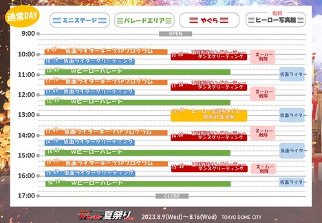 「仮面ライダー×スーパー戦隊 Wヒーロー夏祭り2023」イベントスケジュール(通常DAY)