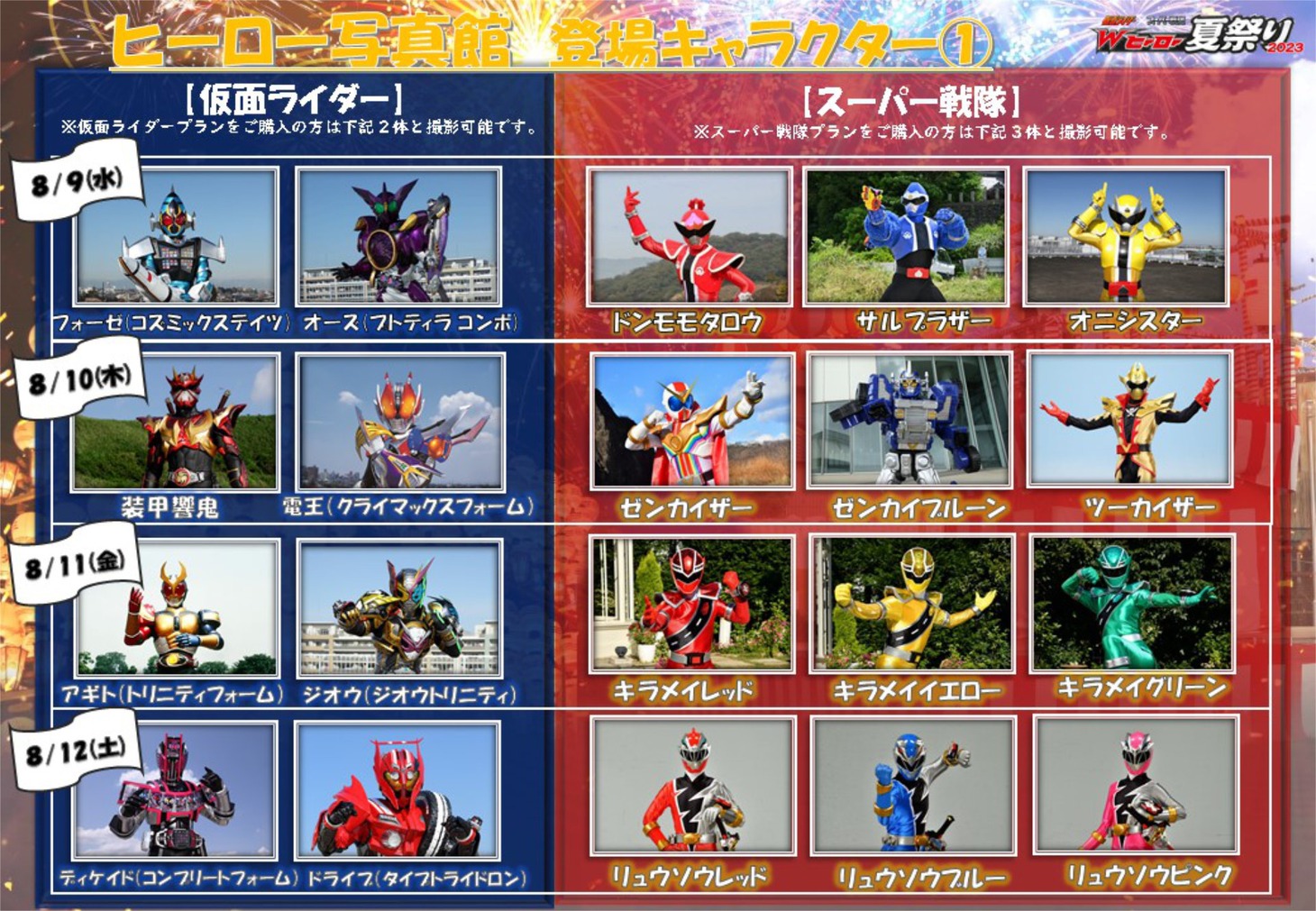 「仮面ライダー×スーパー戦隊 Wヒーロー夏祭り2023」ヒーロー写真館登場キャラクター（8月9日～12日）