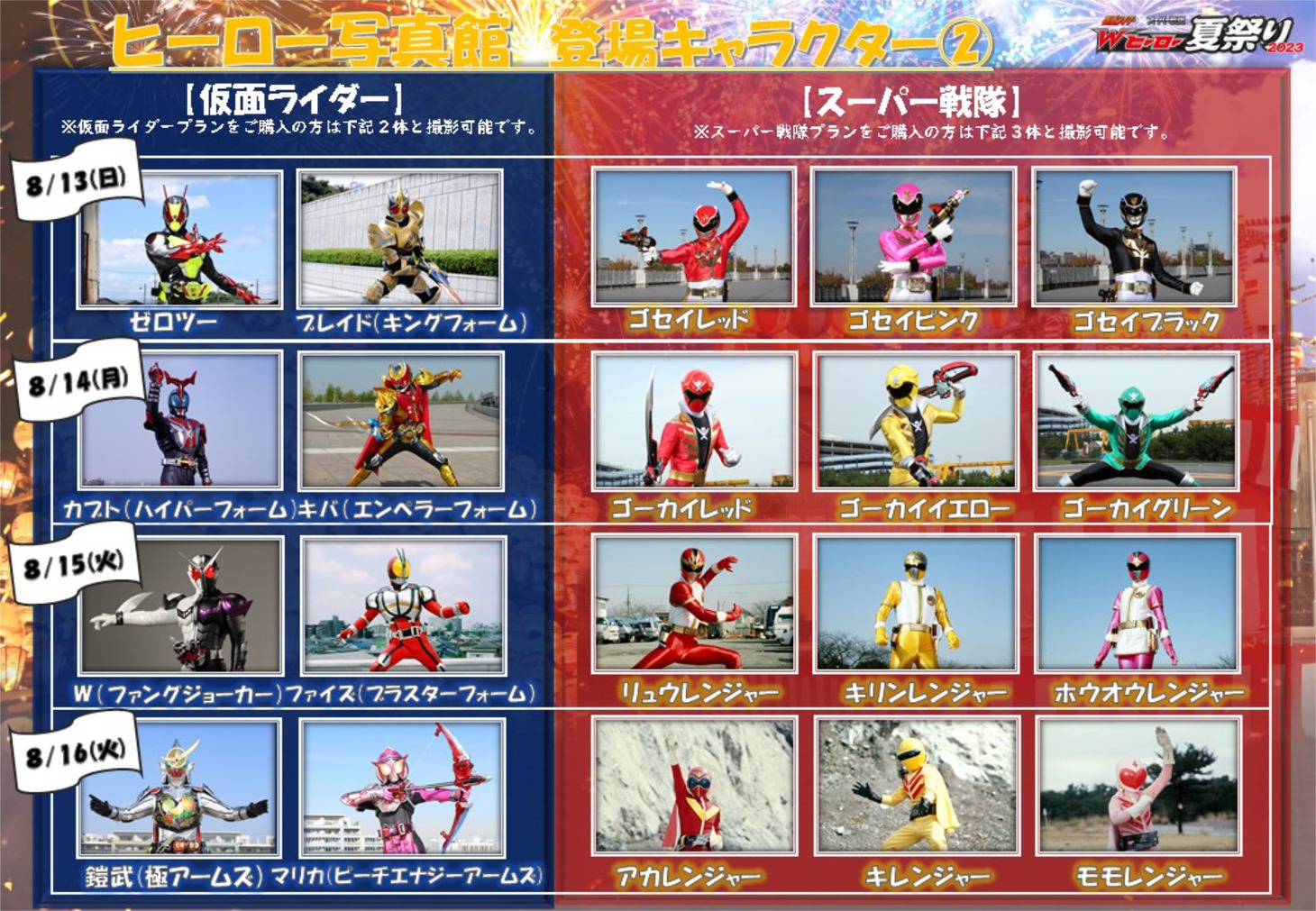 「仮面ライダー×スーパー戦隊 Wヒーロー夏祭り2023」ヒーロー写真館登場キャラクター（8月13日～16日）