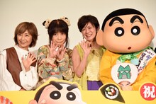 左からこおろぎさとみ、ならはしみき、小林由美子、野原しんのすけ。