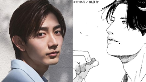 駒木根葵汰(左)とマンガ「天狗の台所」の飯綱基(右)。