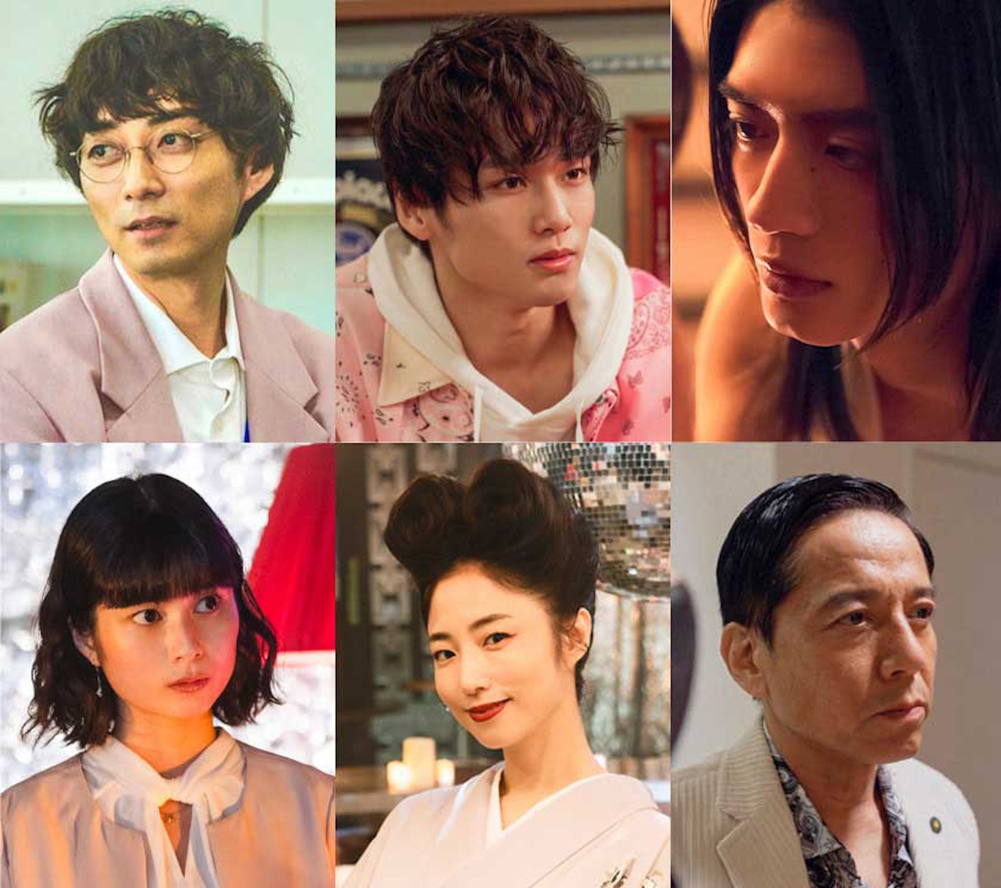 上段左から渋谷謙人、中川大輔、杢代和人。下段左から大久保桜子、MEGUMI、勝村政信。