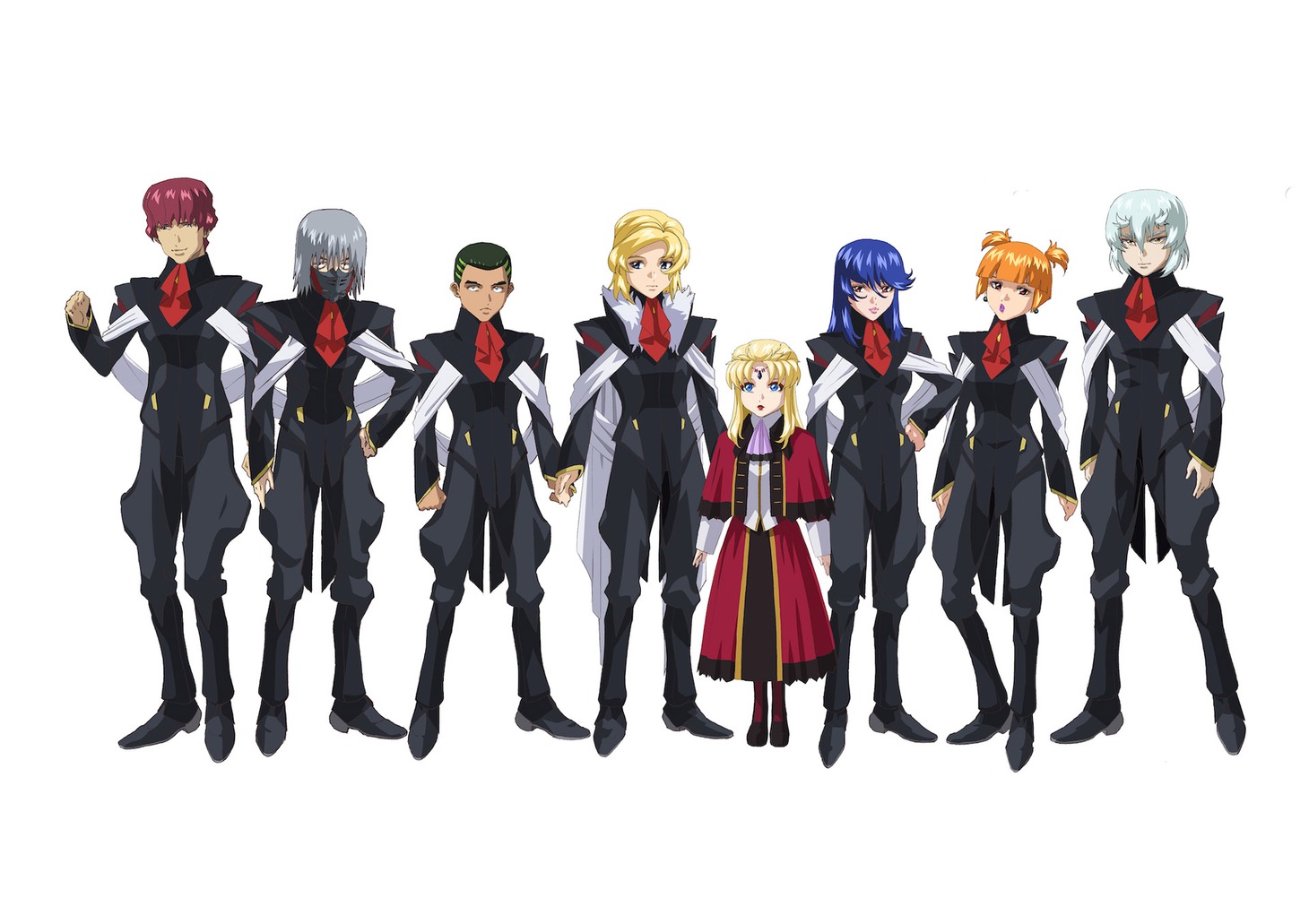 劇場版「機動戦士ガンダムSEED FREEDOM」新キャラクター設定画。左からリュー・シェンチアン、ダニエル・ハルパー、グリフィン・アルバレスト、オルフェ・ラム・タオ、アウラ・マハ・ハイバル、イングリット・トラドール、リデラード・トラドール、シュラ・サーペンタイン。