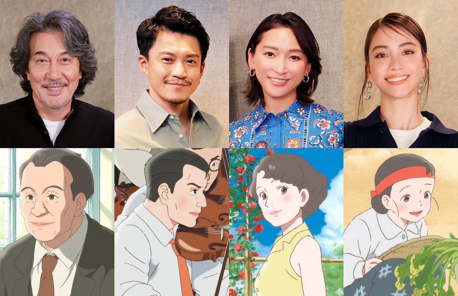 上段左から役所広司、小栗旬、杏、滝沢カレン。下段左から小林先生、トットちゃんのパパ、トットちゃんのママ、大石先生。