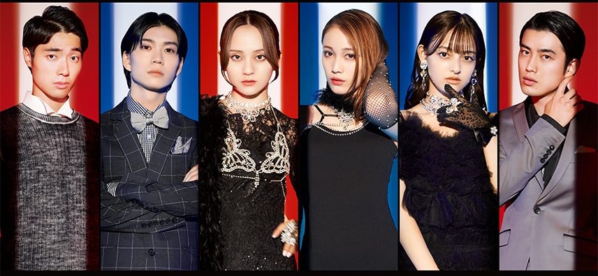 左から石橋遼大（四千頭身）、木津つばさ、岡田結実、中村ゆりか、大峰ユリホ、樫尾篤紀。