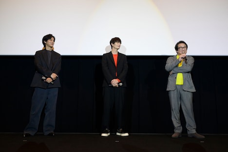 福岡キャンペーンにて、左から松坂桃李、岡田将生、水田伸生。