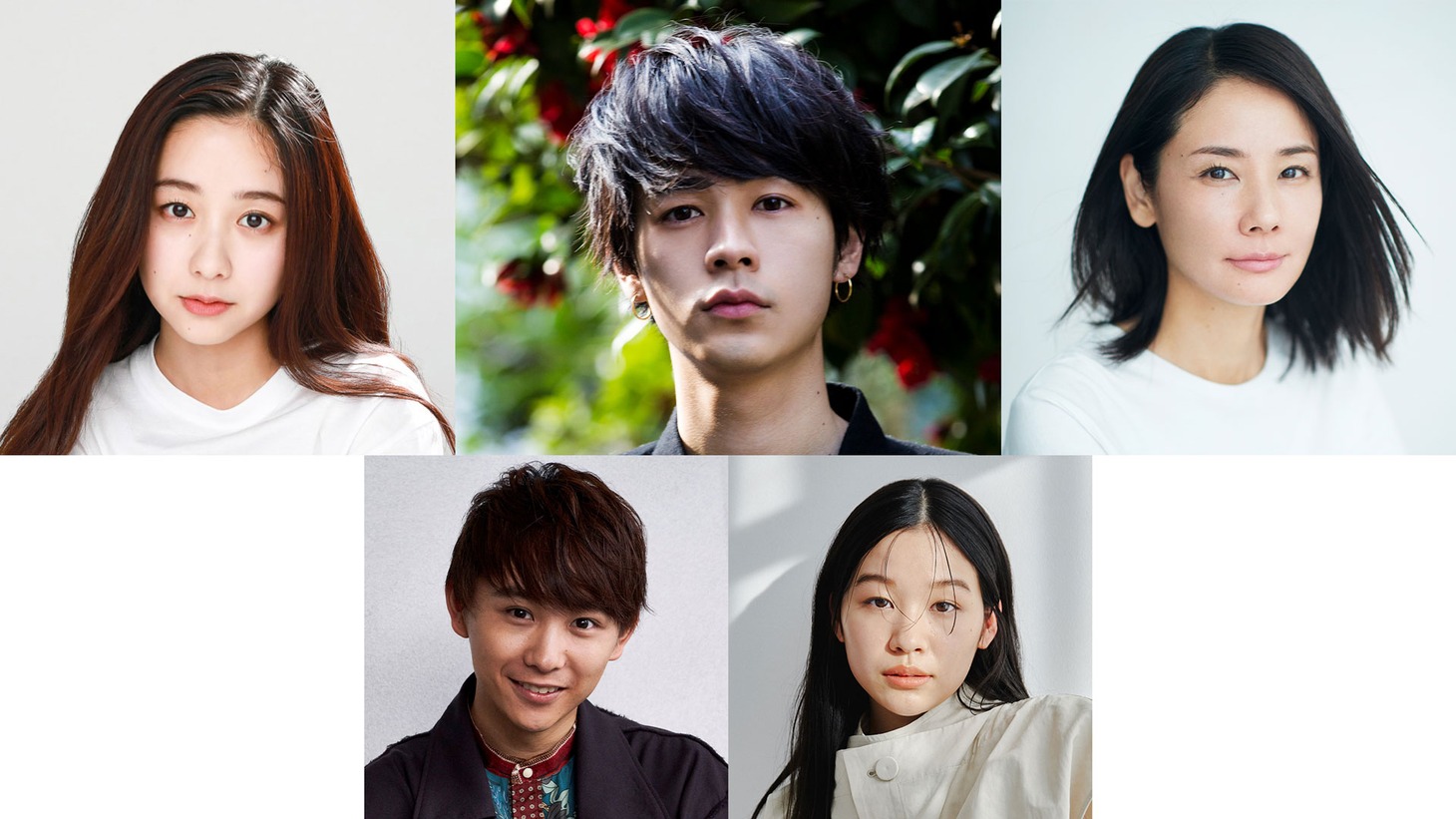 上段左から堀田真由、成田凌、吉田羊、須賀健太、森田想。