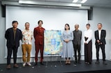 「第1回 Cinema at Sea - 沖縄環太平洋国際フィルムフェスティバル」記者会見の様子。左から黄インイク、砂入博史、尚玄、東盛あいか、越川道夫、河野知美、上原輝樹。