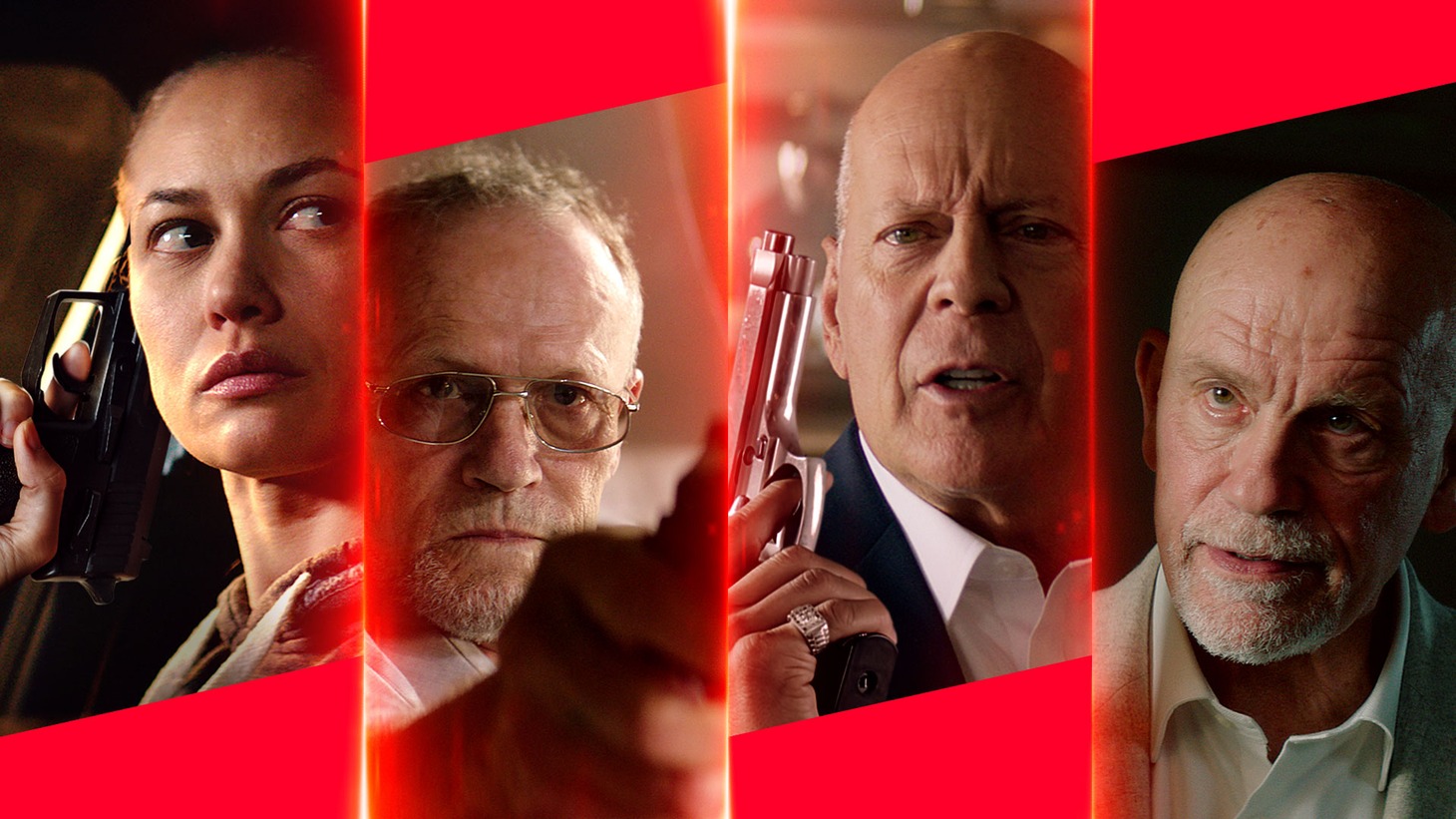 「ガンズ＆バレッツ CODE:White」キャスト。左からオルガ・キュリレンコ扮するフリン、マイケル・ルーカー扮するゲイブ、ブルース・ウィリス扮するアーノルド、ジョン・マルコヴィッチ扮するフォレット。