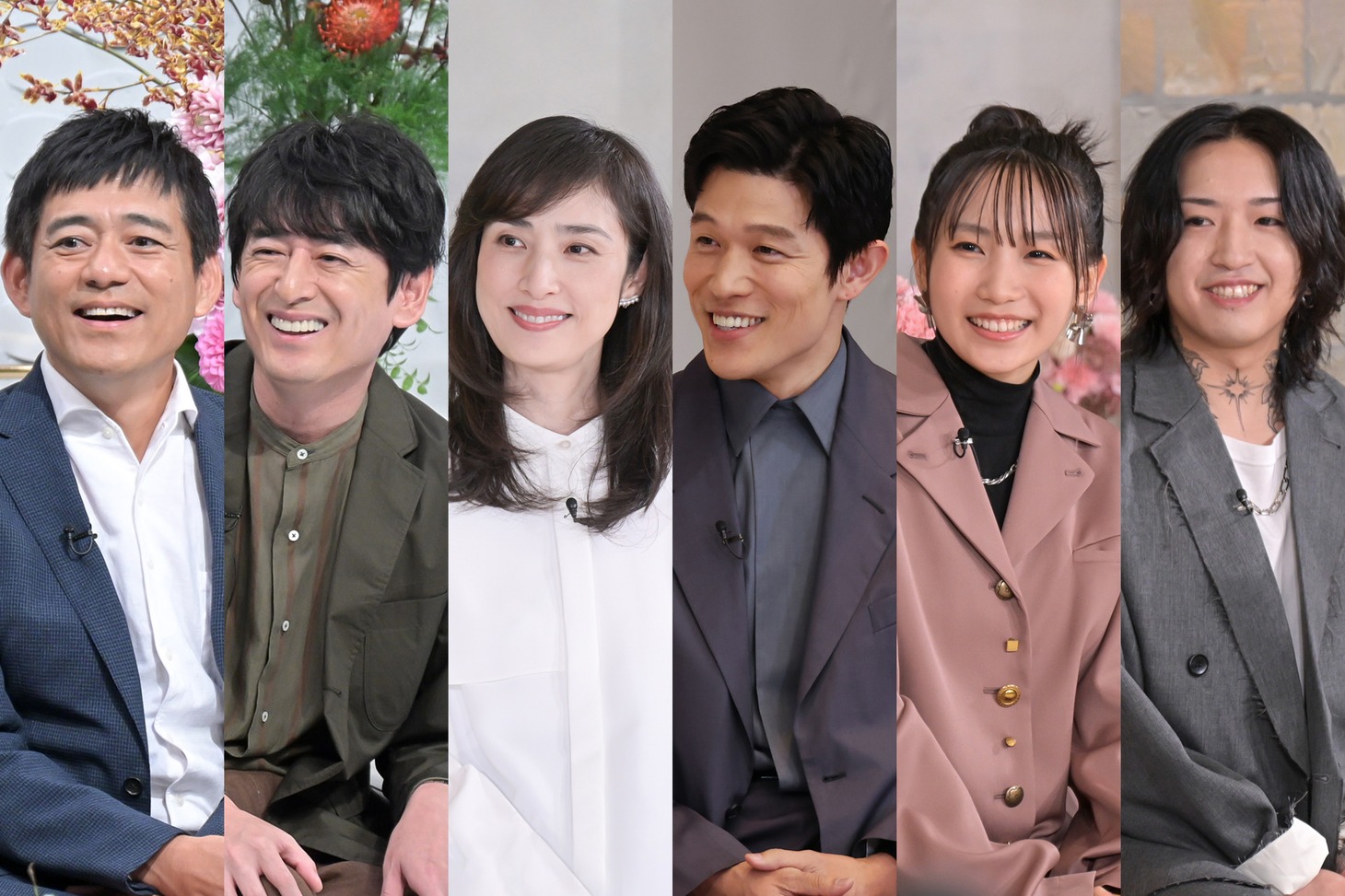 左から博多華丸、博多大吉、天海祐希、鈴木亮平、YOASOBIのikura、Ayase。