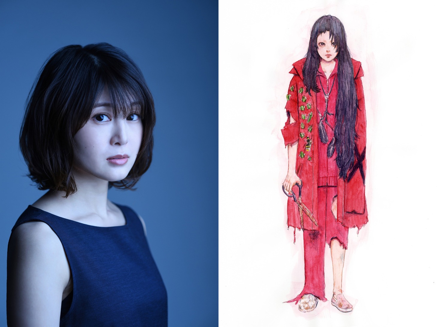 佐津川愛美（左）、ちーちゃんのキャラクターデザイン（右）。