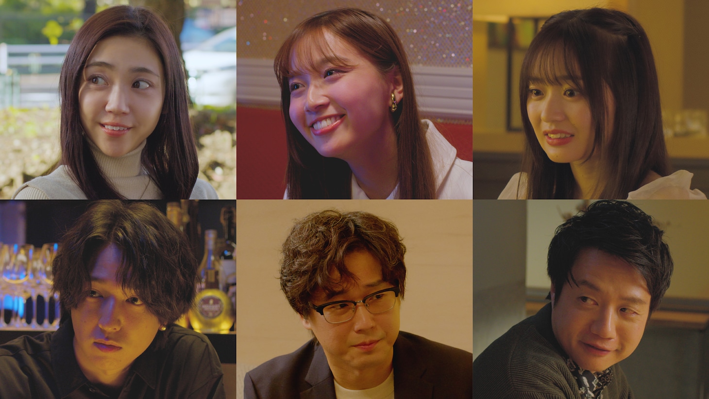 上段左から山谷花純、間瀬遥花、橋本乃依。下段左から坂田隆一郎、山崎樹範、槙尾ユウスケ。