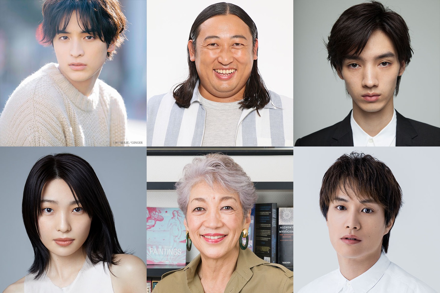 「アクターズ・ショート・フィルム4」に出演する（上段左から）一ノ瀬颯、ロバート秋山、清水尋也、（下段左から）芋生悠、中尾ミエ、鈴木伸之。