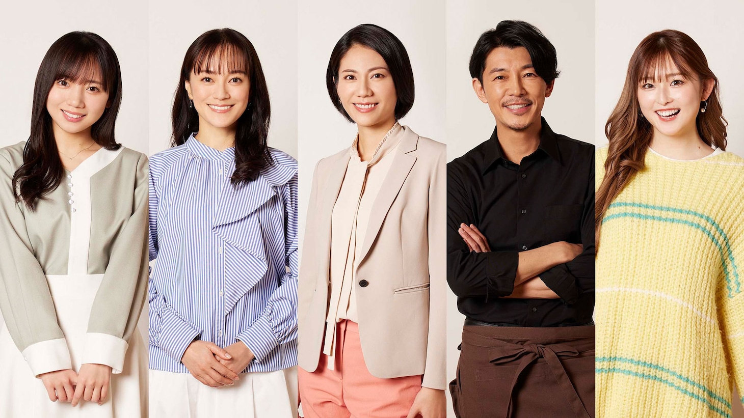左から齊藤京子、牧瀬里穂、松下奈緒、藤木直人、ゆうちゃみ。