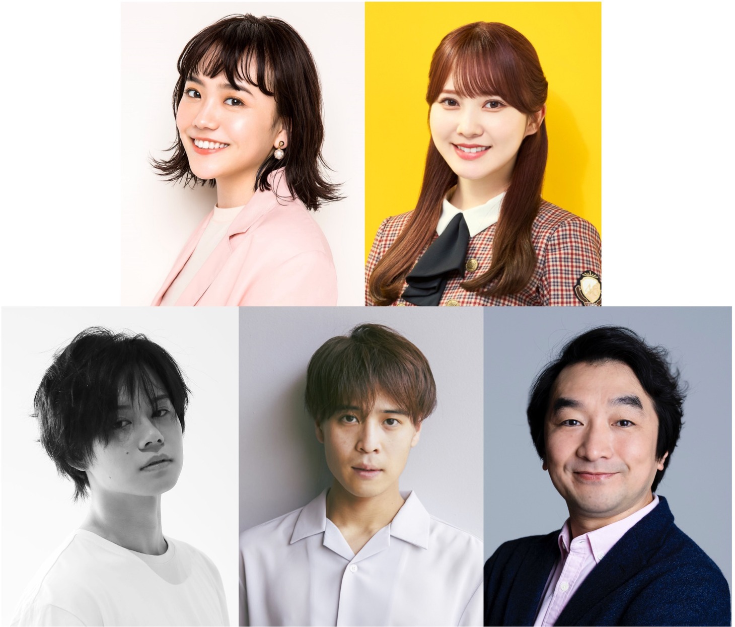 上段左から松井愛莉、加藤史帆、下段左から小笠原海、堀家一希、池田鉄洋。