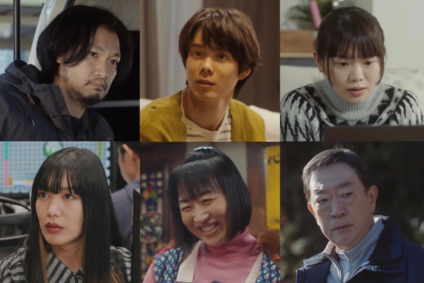左上より青木崇高、細田佳央太、富田望生。左下より中村中、山崎静代、坂東彌十郎。